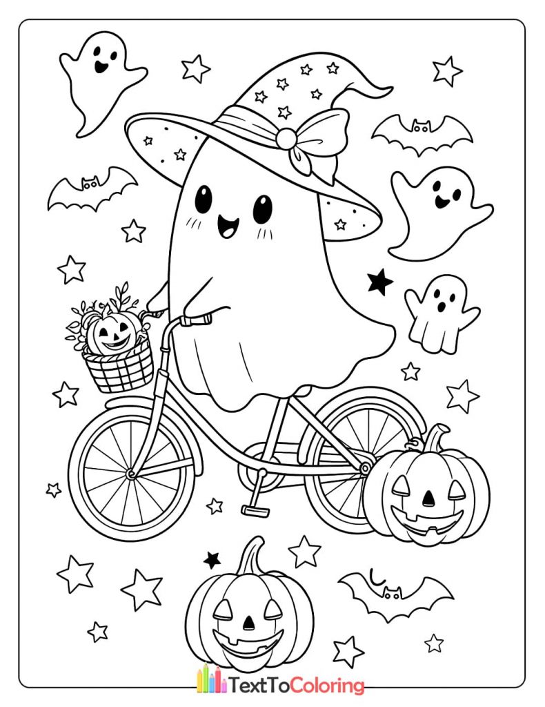 Happy ghost with a witch hat riding a bicycle with a pumpkin basket surrounded by stars and bats