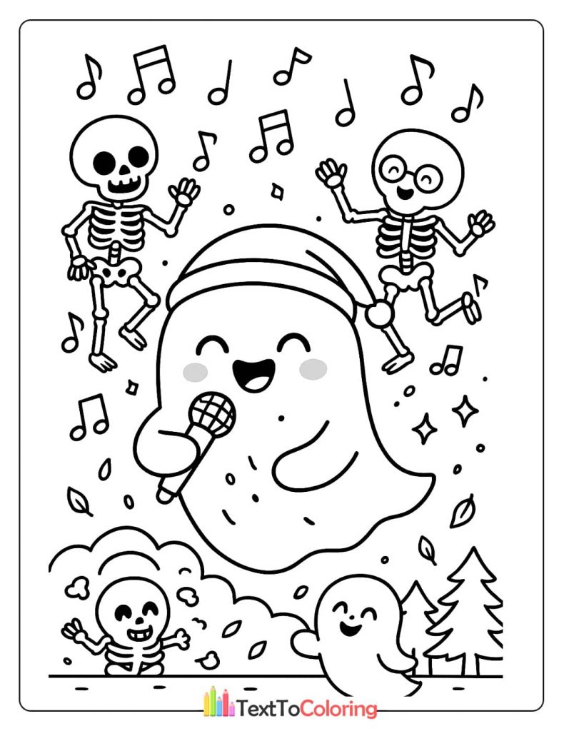 Cute ghost singing into a microphone with happy dancing skeletons surrounded by music notes