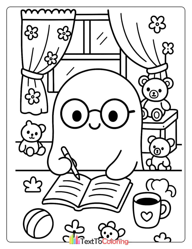 Cute ghost with glasses writing in a book surrounded by teddy bears and a flower curtain