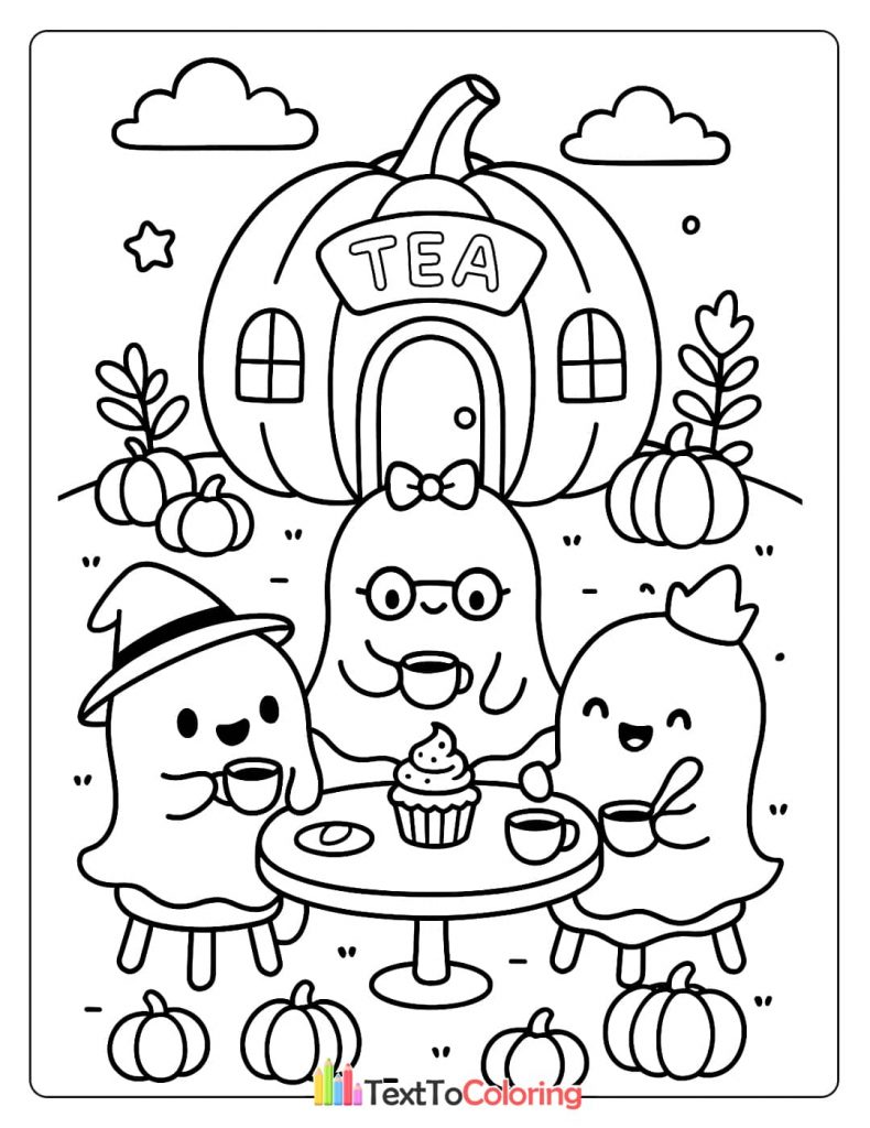 Three cute ghosts drinking tea and eating a cupcake at a table outside a pumpkin tea house
