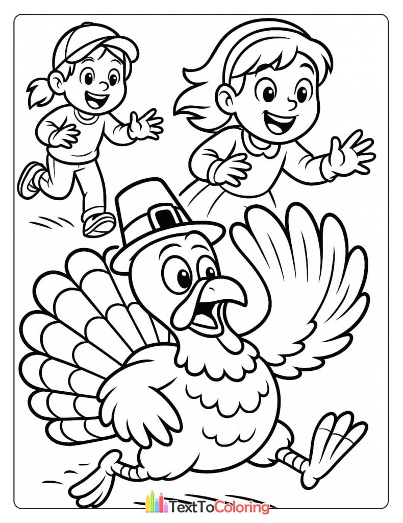 Two Happy Kids Chasing A Running Turkey Wearing A Pilgrim Hat