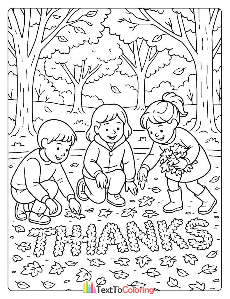 Three children making the word THANKS with autumn leaves on the ground in the forest coloring page