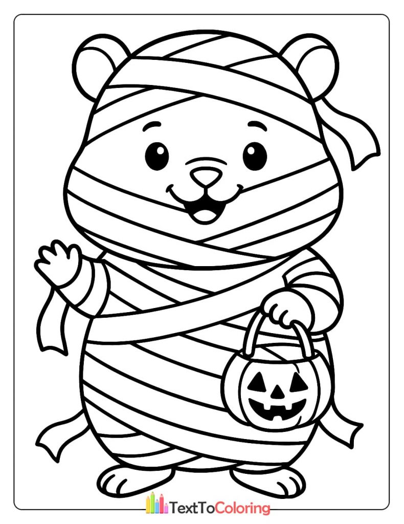 Adorable chubby hamster dressed in a mummy costume holding a jack o lantern basket Halloween coloring