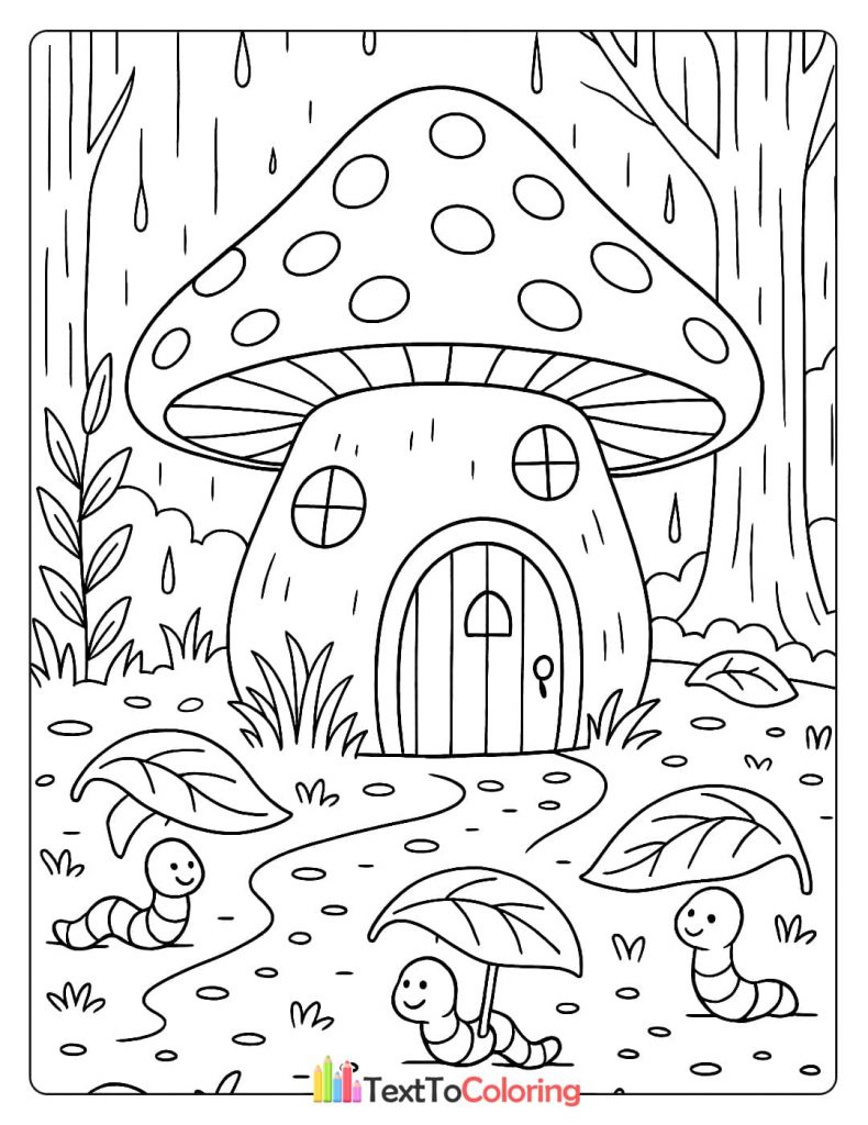 Mushroom house in the rain with cute worms using leaves as umbrellas forest coloring page