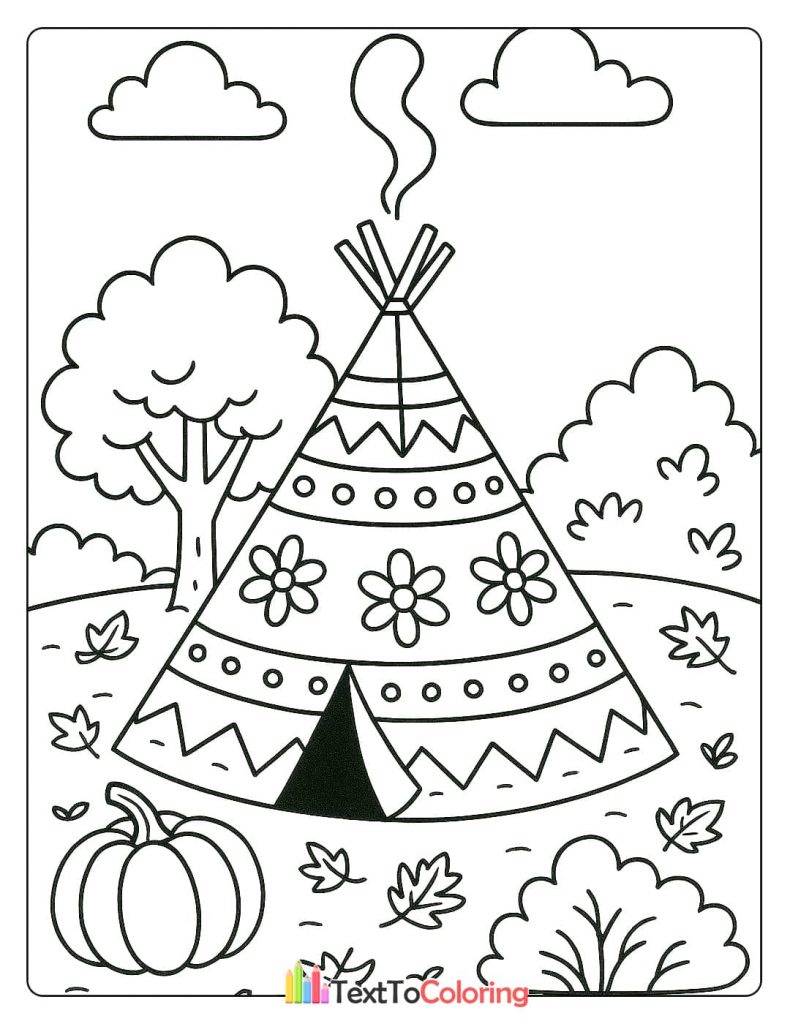 Traditional Decorated Teepee With Pumpkin And Fall Landscape