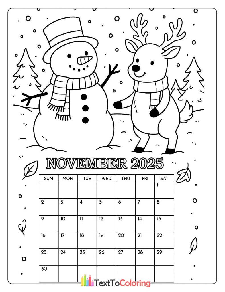 November 2025 calendar with cute snowman and reindeer wearing scarves snow background coloring page