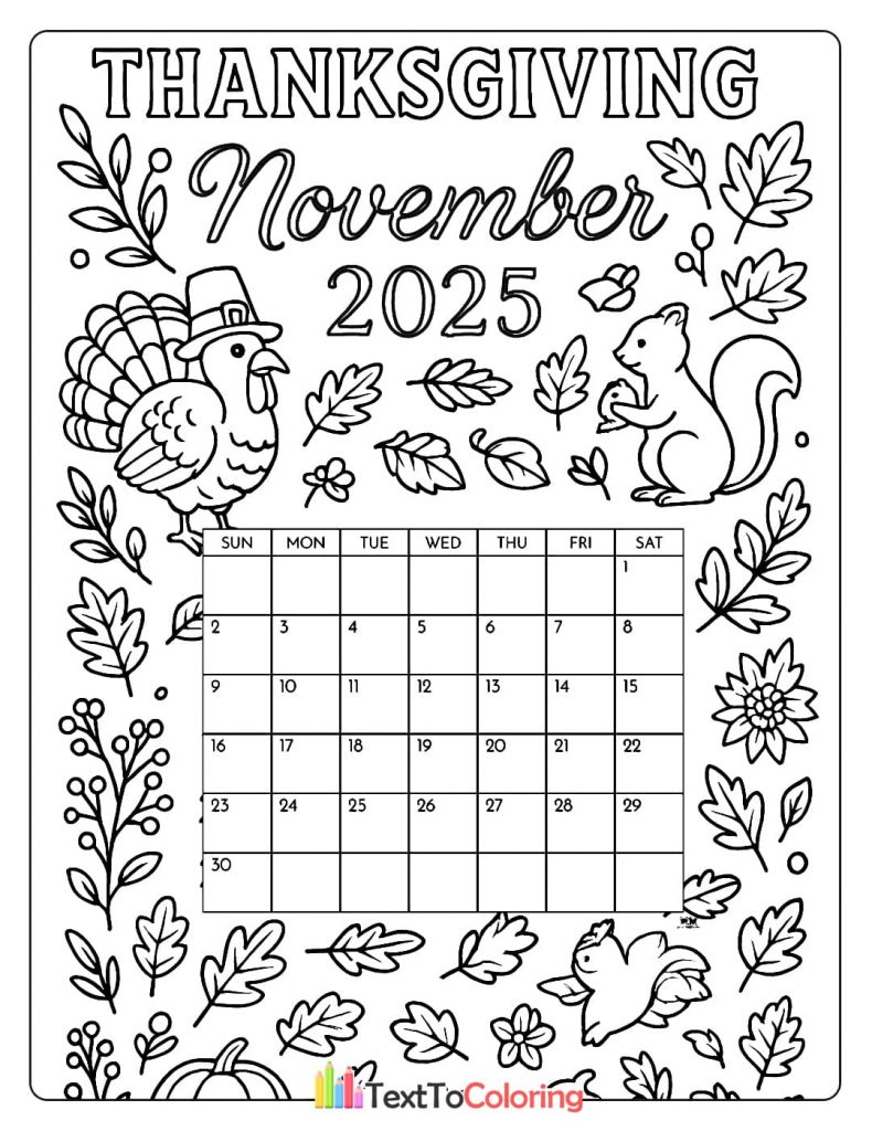 November 2025 calendar coloring page with turkey squirrel and fall leaves border