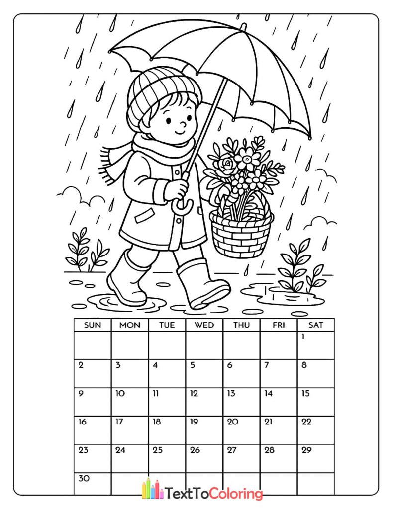 Child with umbrella basket of flowers walking in the rain over November calendar coloring page