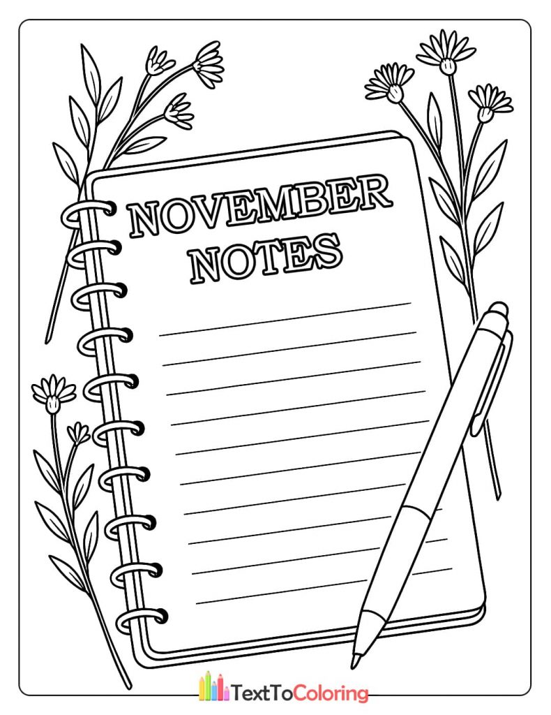 November notes spiral notebook pen fall flowers coloring page