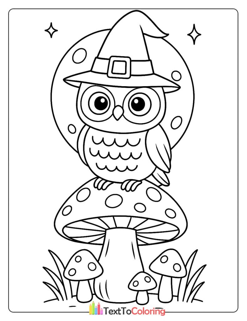 Cartoon owl wearing a witch hat sitting on a large spotted mushroom full moon background Halloween coloring
