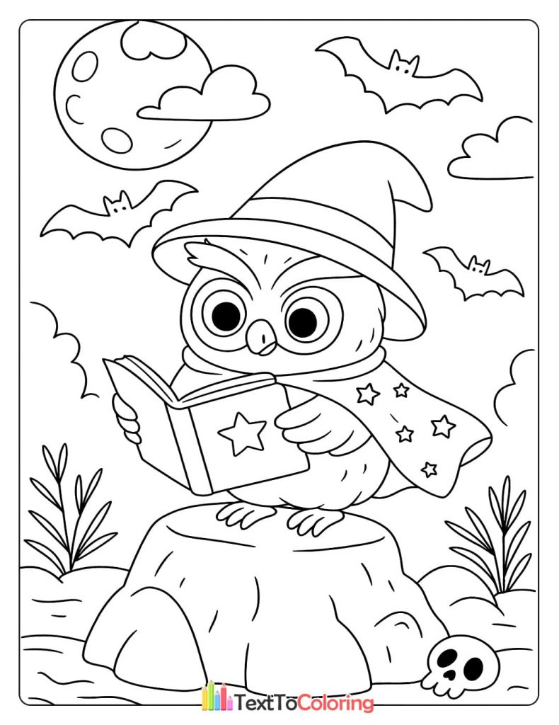 Wise owl in a witch hat and star cape reading a magic spell book sitting on a tree stump Halloween coloring