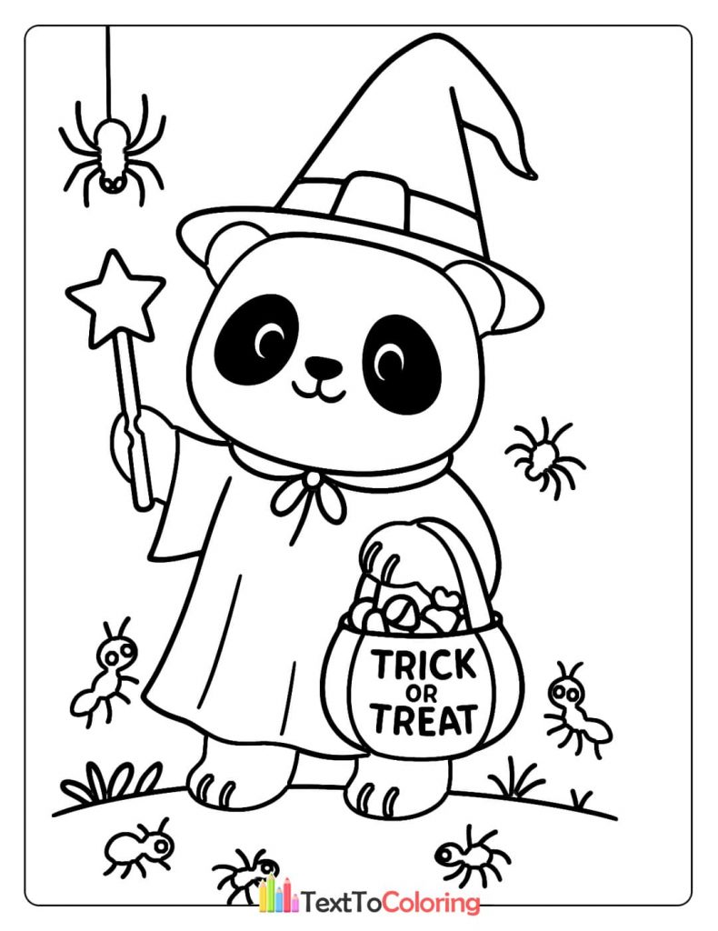 Kawaii panda witch holding a magic star wand and a trick or treat bag surrounded by ants and a spider Halloween coloring