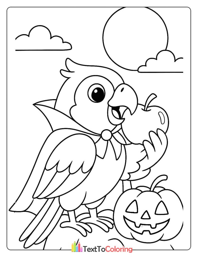Cute parrot bird dressed as a vampire with a cape eating an apple next to a jack o lantern Halloween coloring