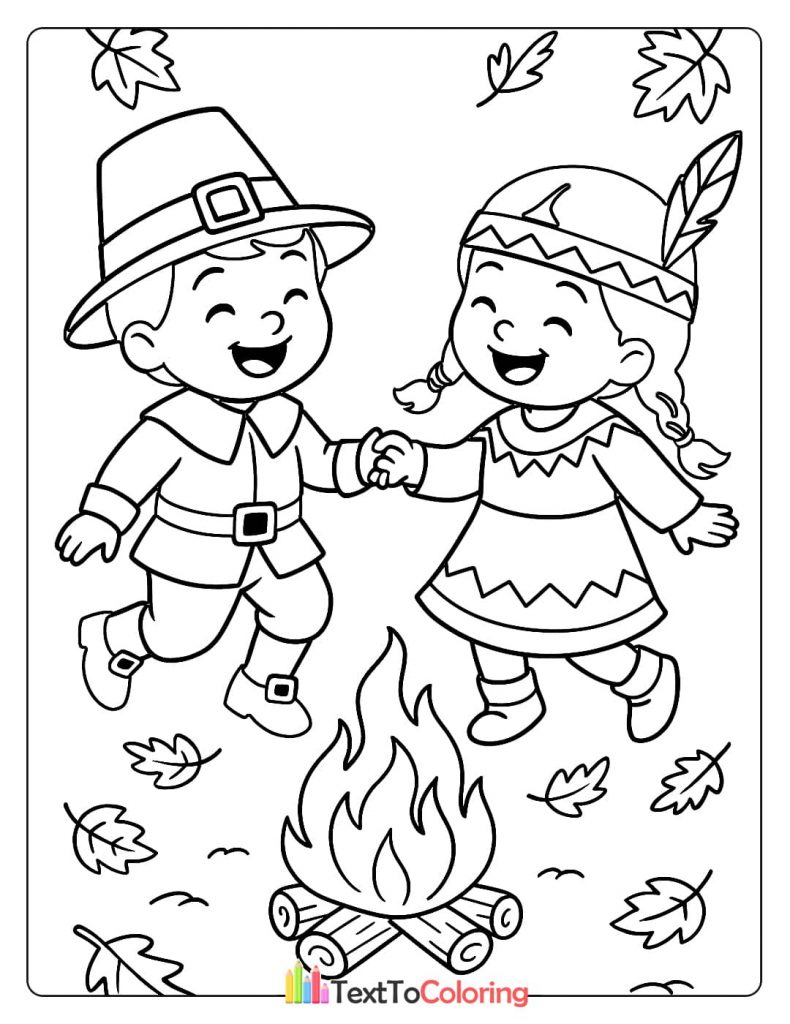 Two happy children dressed as a Pilgrim and Native American holding hands campfire Thanksgiving coloring page