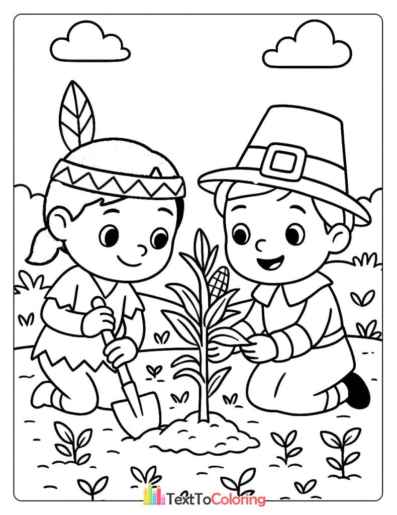 Pilgrim Boy Native American Girl Planting Corn Stalk Together