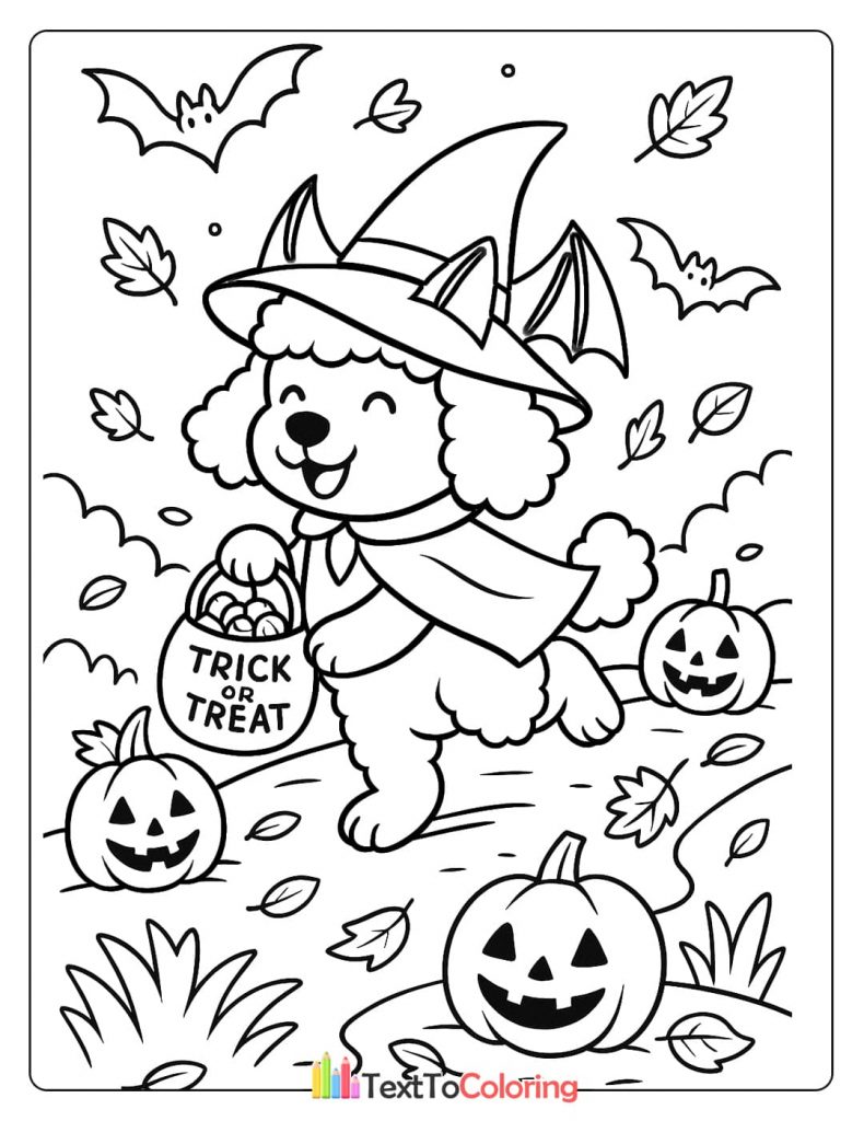 Fluffy poodle dog dressed as a witch with a cape holding a trick or treat bag among jack o lanterns and bats Halloween coloring