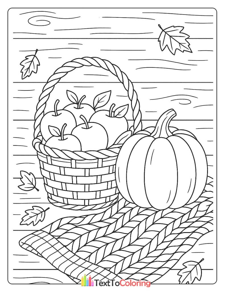 Thanksgiving harvest coloring page with pumpkin apple basket knit blanket wood background