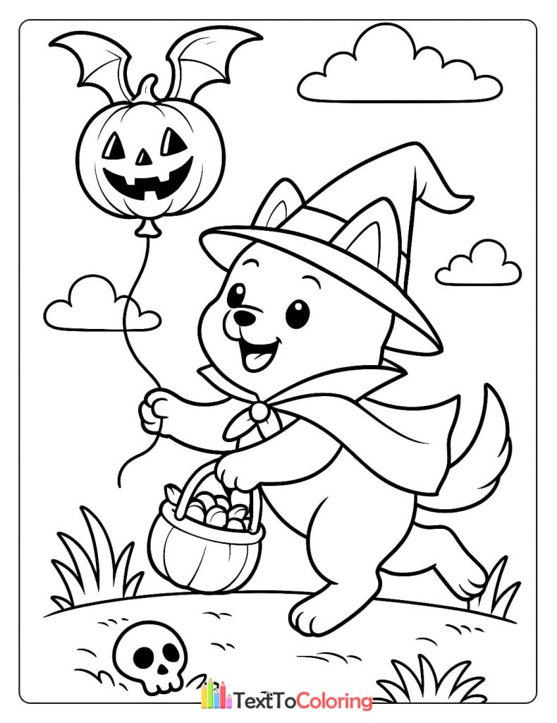 Happy puppy dog witch walking with a jack o lantern bat balloon and candy basket Halloween coloring