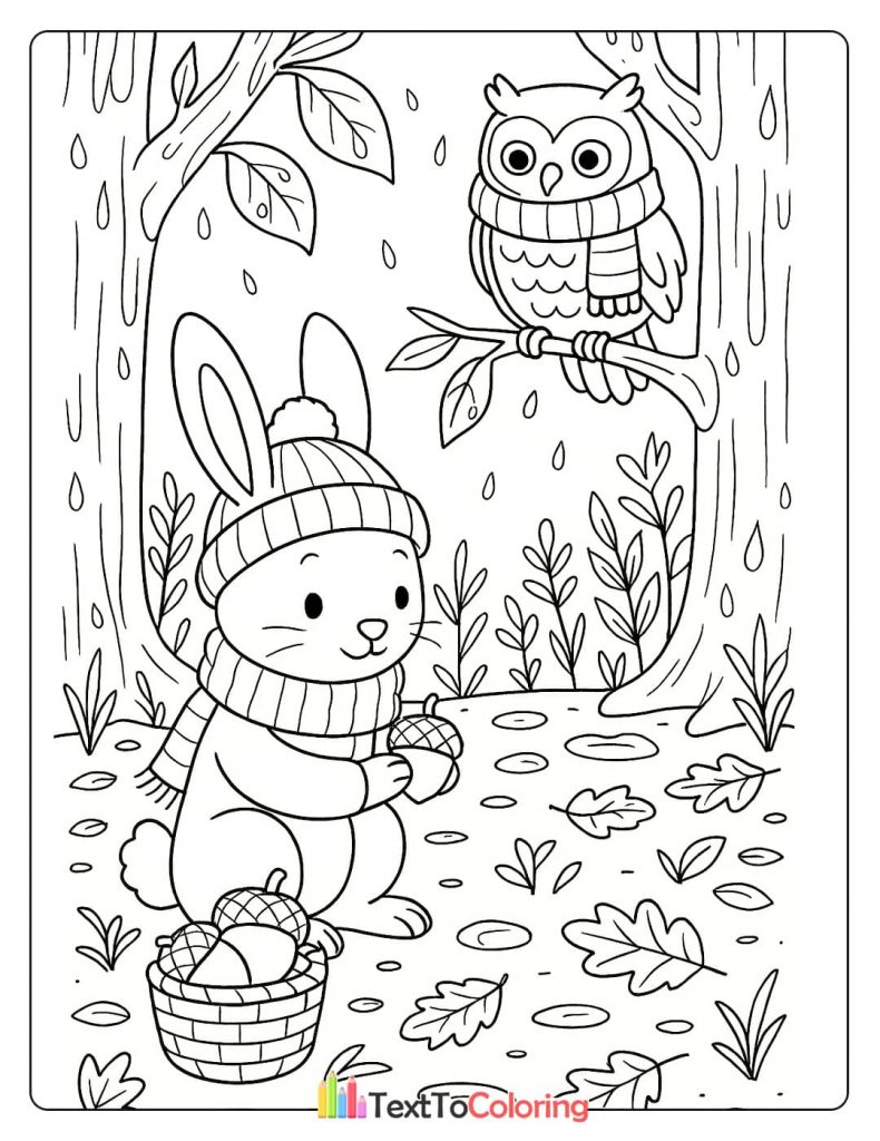Cute rabbit in hat and scarf collecting acorns owl on branch rain coloring page
