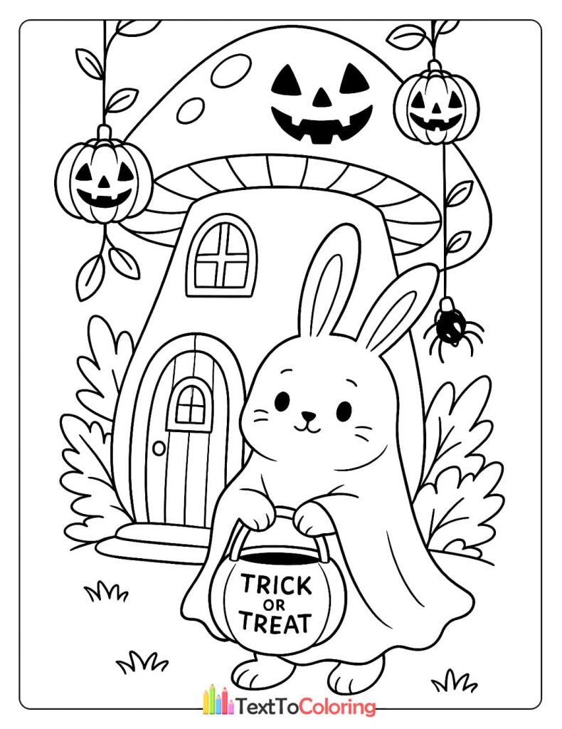 Kawaii rabbit in a ghost sheet holding a trick or treat bag in front of a pumpkin mushroom house Halloween coloring