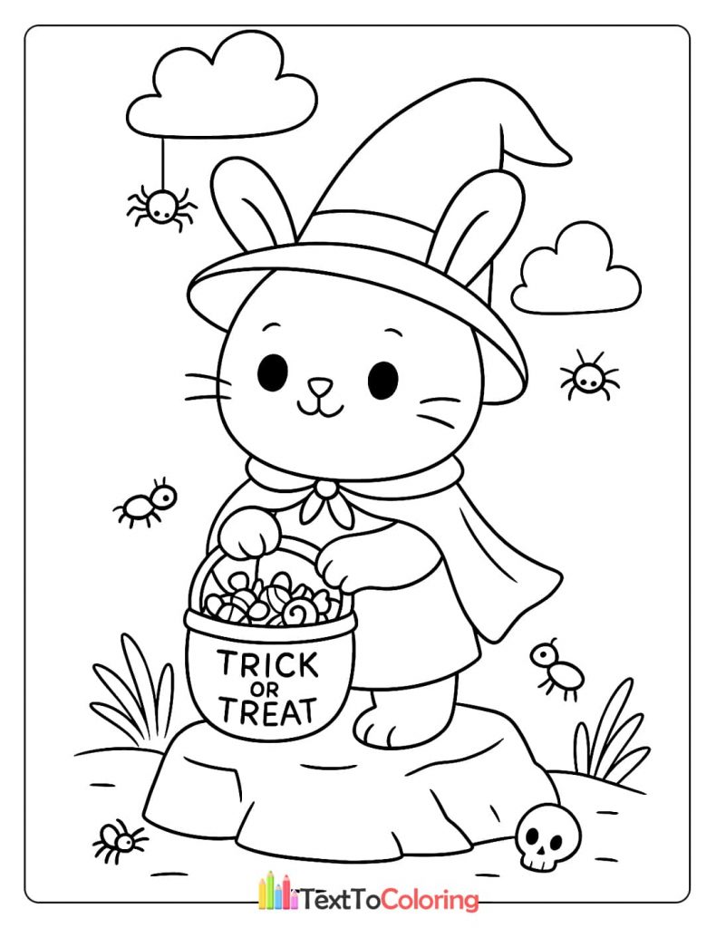 Cute rabbit wearing a witch hat and cape holding a trick or treat basket surrounded by little spiders Halloween coloring