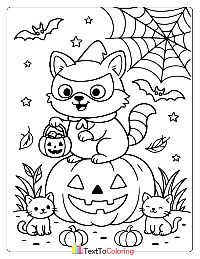 Cute raccoon bandit in a mask sitting on a giant jack o lantern with small cats and bats Halloween coloring