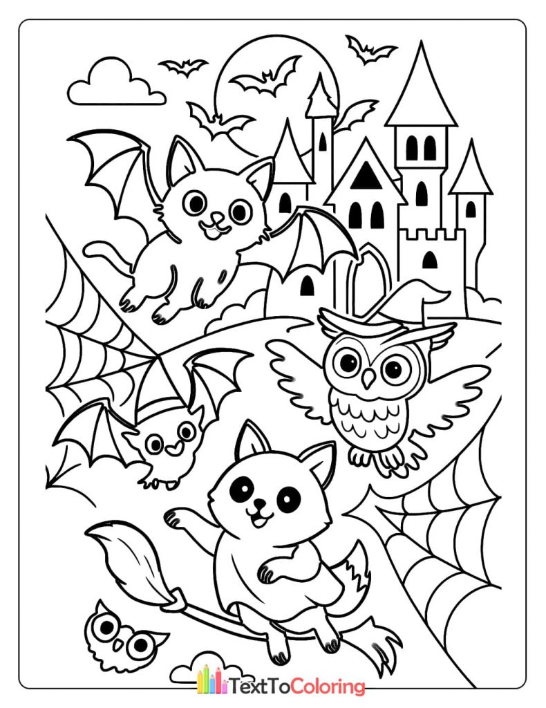 Group of cute Halloween animals flying bat cat owl in front of a haunted castle at night coloring page