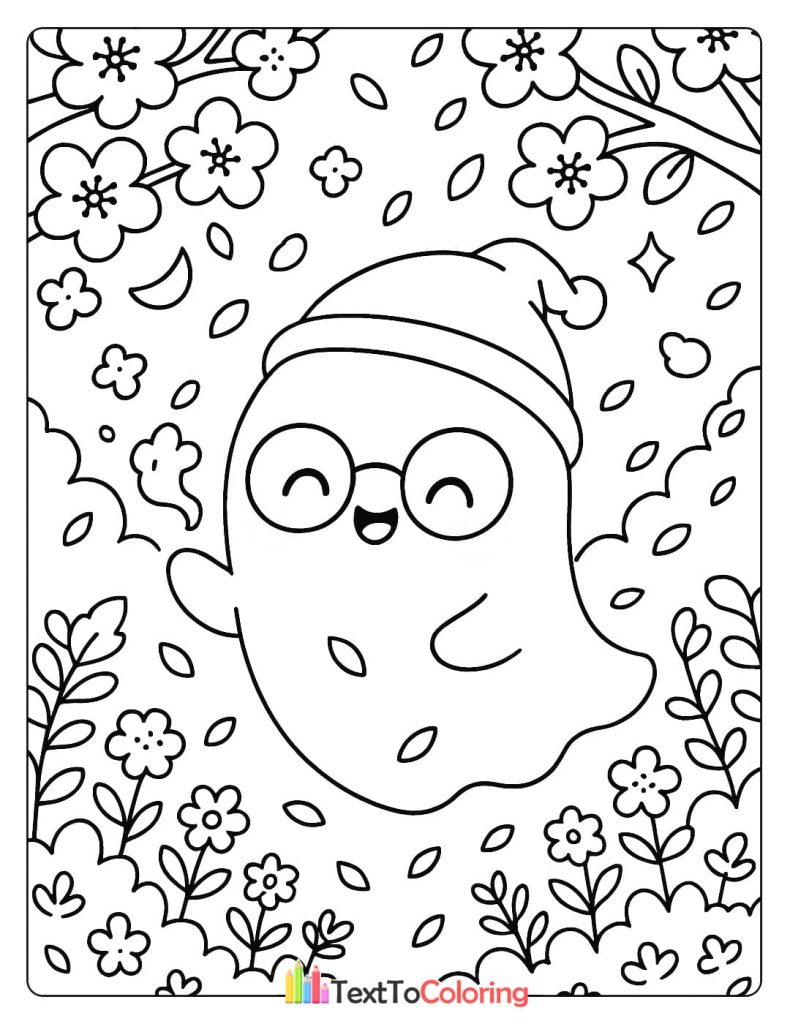 Springtime Kawaii Ghost Flowers Coloring Page