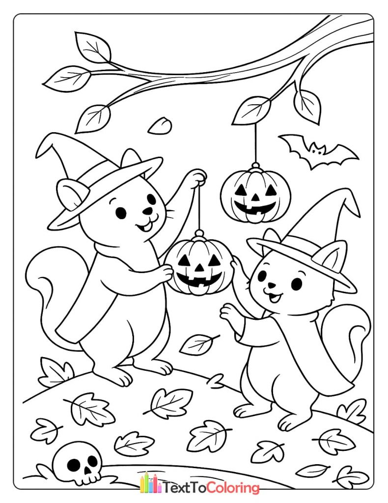 Two cute squirrels dressed as witches hanging jack o lanterns from a tree branch in a spooky scene Halloween coloring