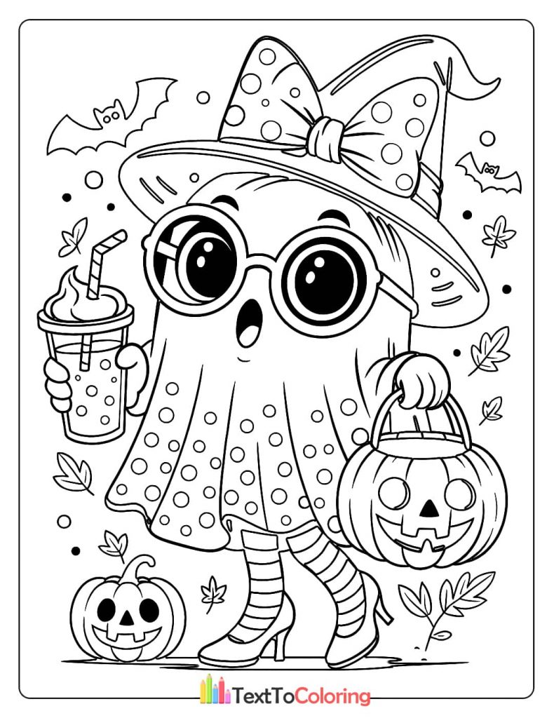 Cute ghost with a polka dot witch hat glasses and striped boots holding a pumpkin pail and cold drink
