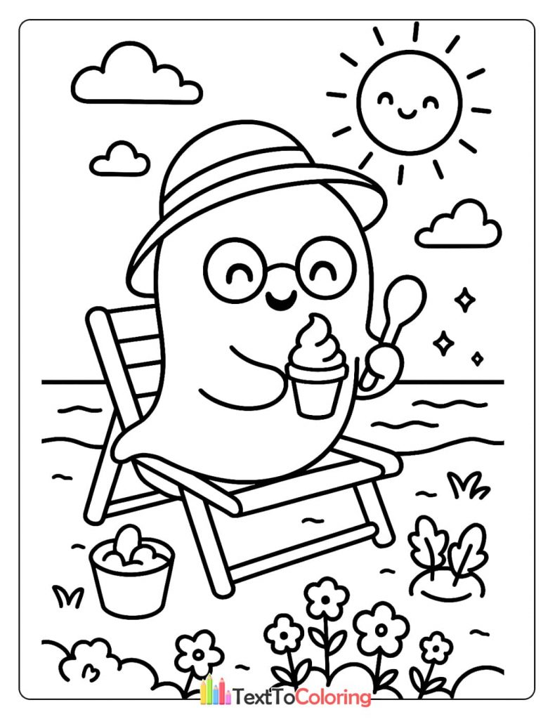 Cute ghost on a beach chair wearing a sun hat eating ice cream with the sun in the background