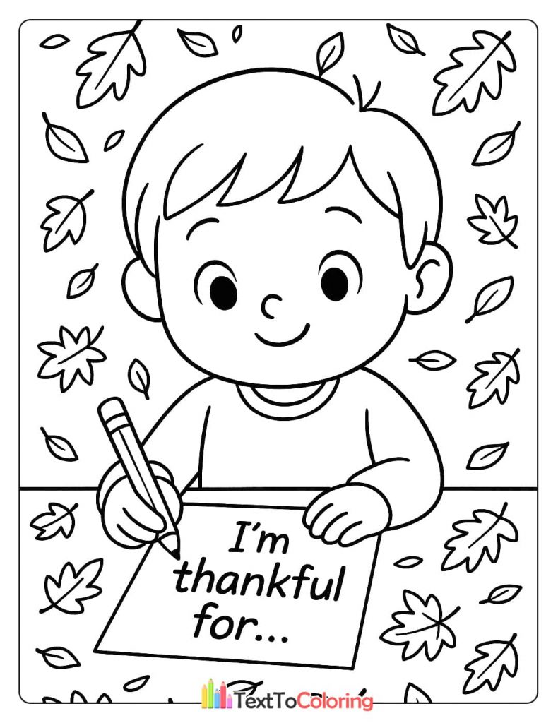 Boy Writing Im Thankful For On Paper Surrounded By Fall Leaves