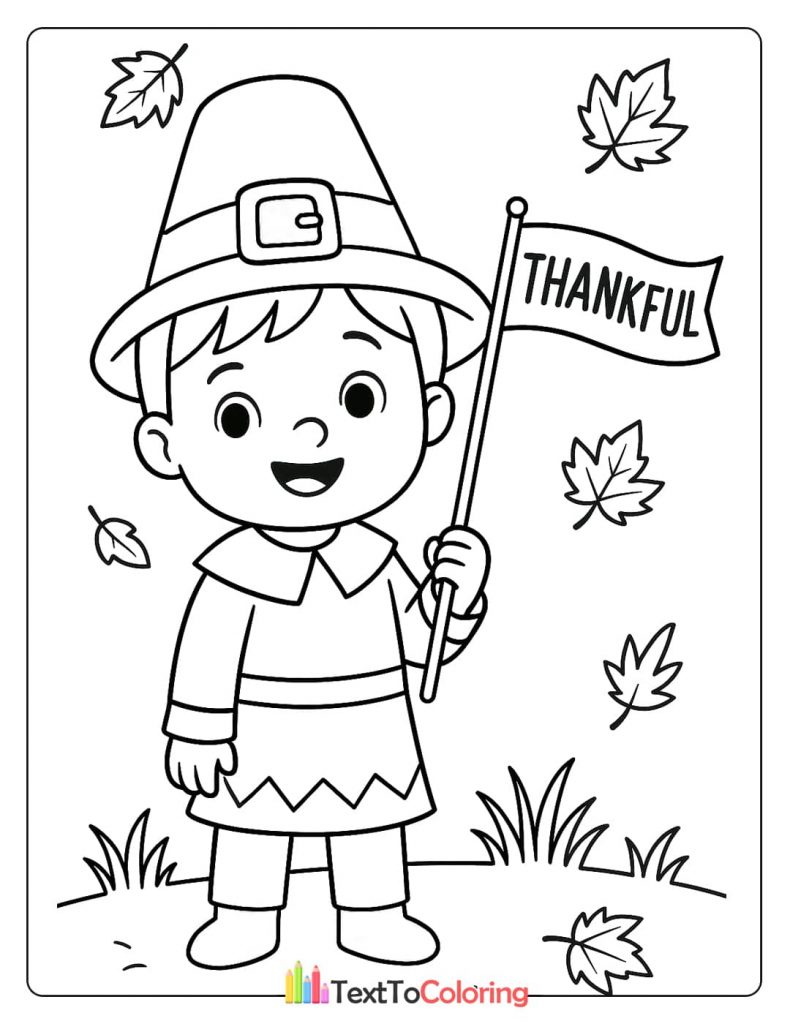 Cute Pilgrim Boy Holding Thankful Flag Fall Leaves