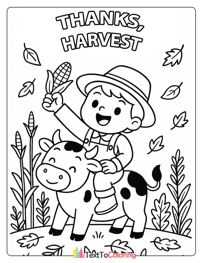 Boy Farmer Riding Cow Holding Corn Cob Harvest Time