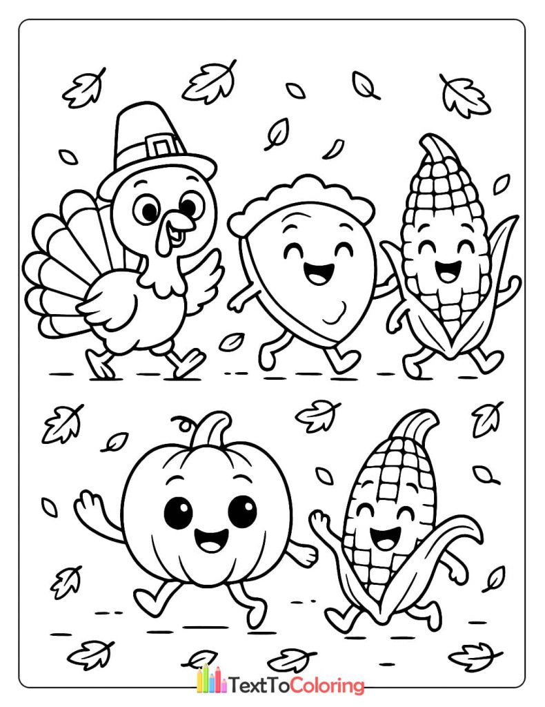 Cute Turkey Acorn Corn Pumpkin Running Fall Leaves