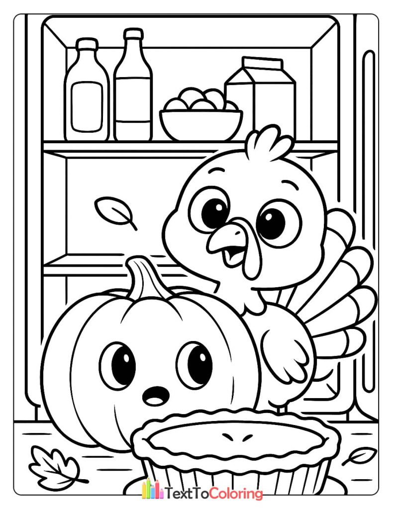 Cute Turkey Looking At Pumpkin Pie In Front Of Refrigerator