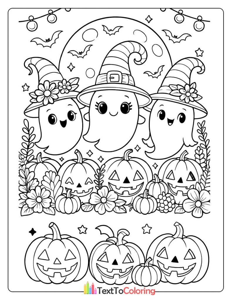 Three cute ghosts wearing witch hats standing among jack o lanterns and flowers under a full moon
