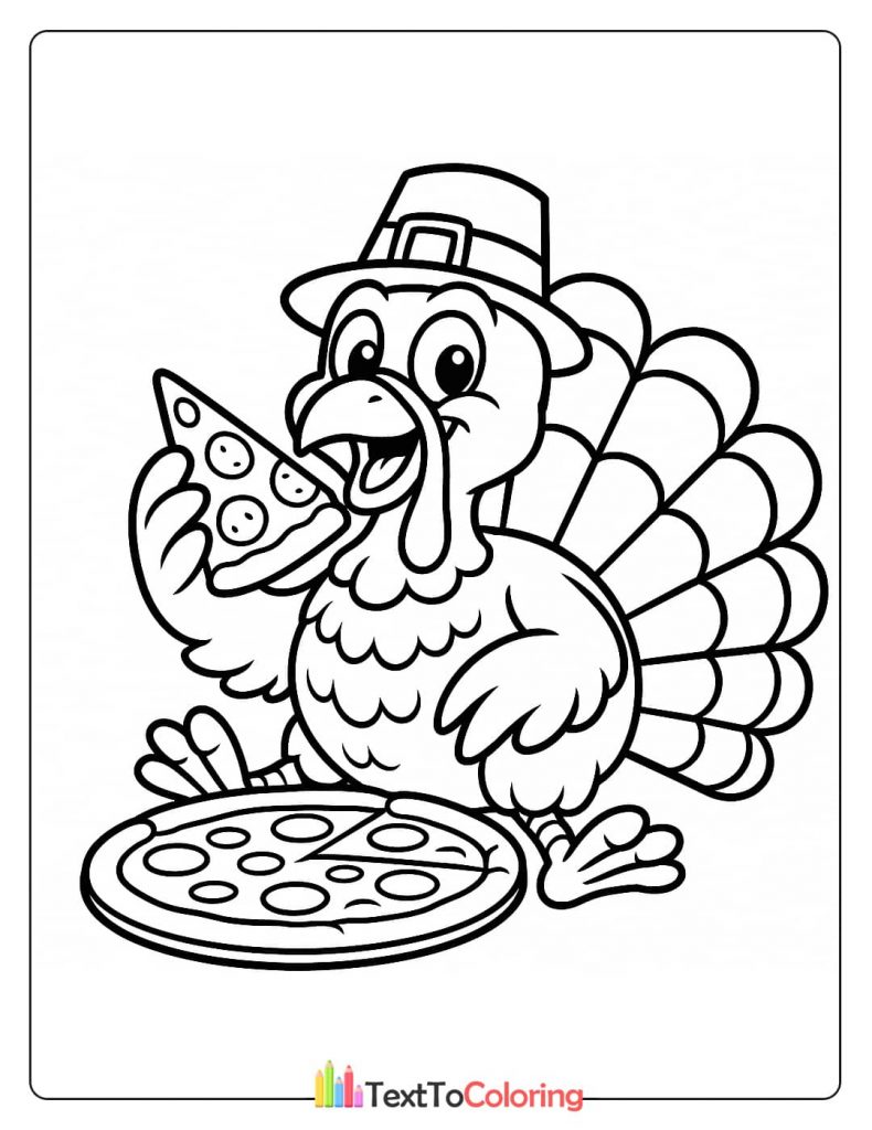 Happy Turkey Wearing Pilgrim Hat Eating Slice Of Pepperoni Pizza