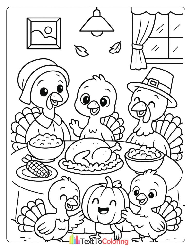 Cute Turkey Family Eating Thanksgiving Dinner Feast Table