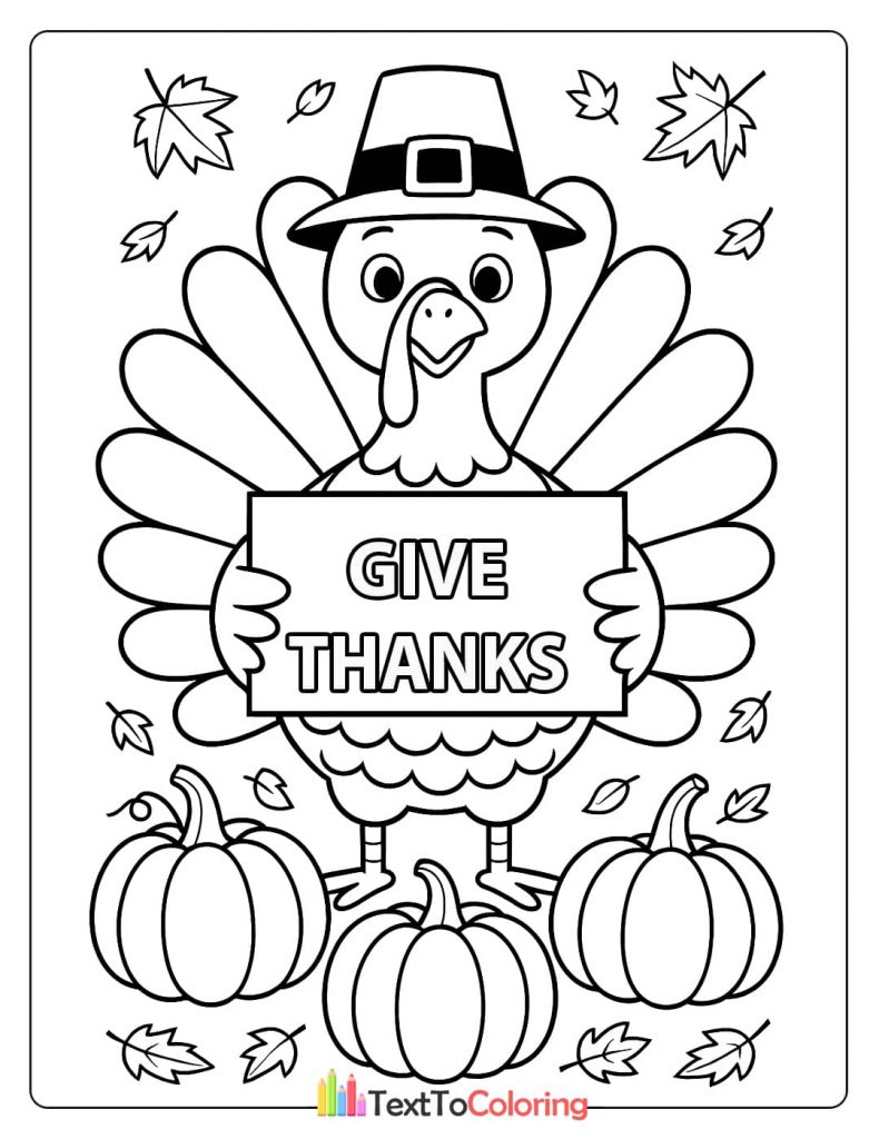 Pilgrim Turkey Holding Give Thanks Sign Pumpkins Fall Leaves