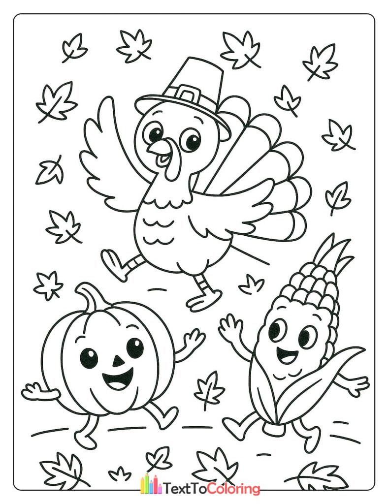 Happy Turkey Pumpkin Corn Running With Fall Leaves
