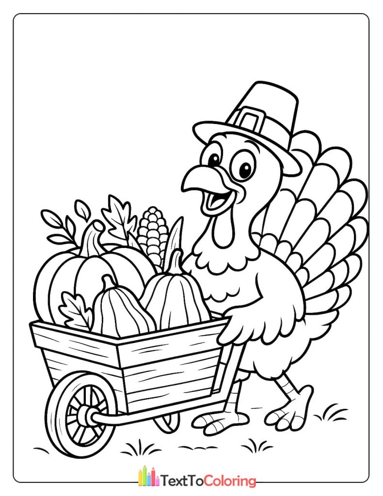 Happy Turkey Pilgrim Hat Pushing Wheelbarrow Full Of Pumpkins Corn