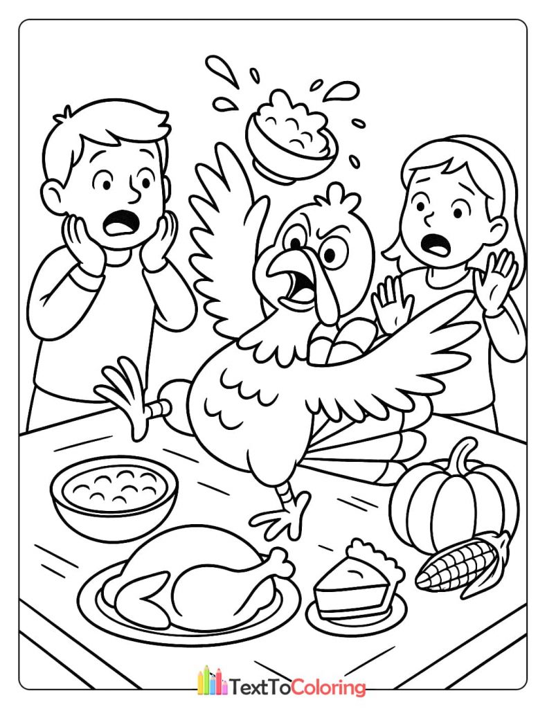 Angry Turkey Spreading Wings On Dinner Table Scaring Boy And Girl