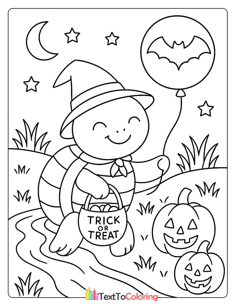 Smiling turtle witch with a trick or treat basket and bat balloon under a starry moonlit sky Halloween coloring