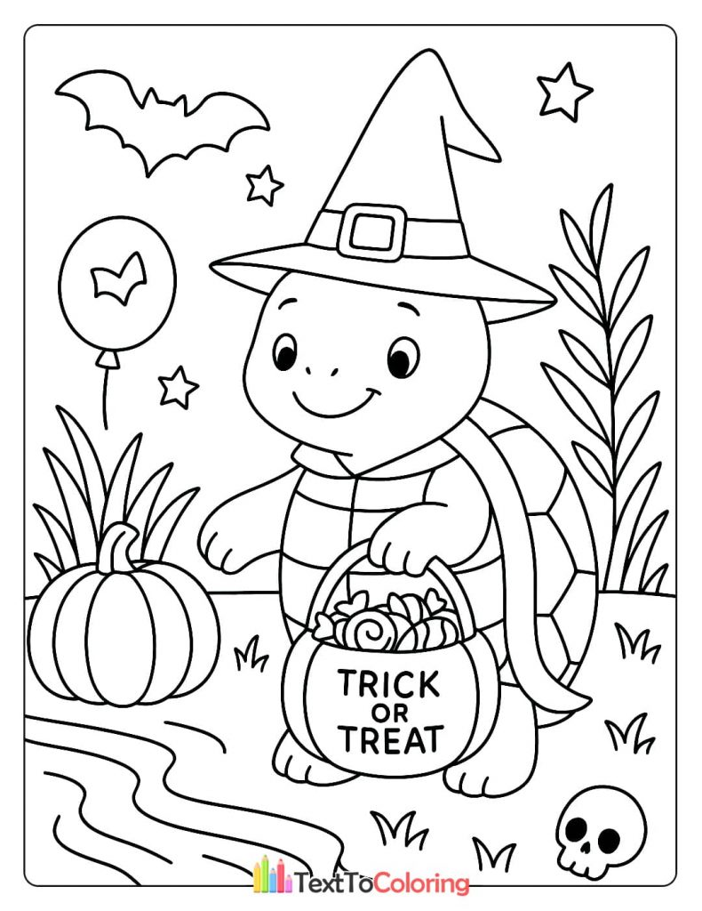 Smiling turtle in a witch hat holding a trick or treat bucket next to a pumpkin and balloon Halloween coloring