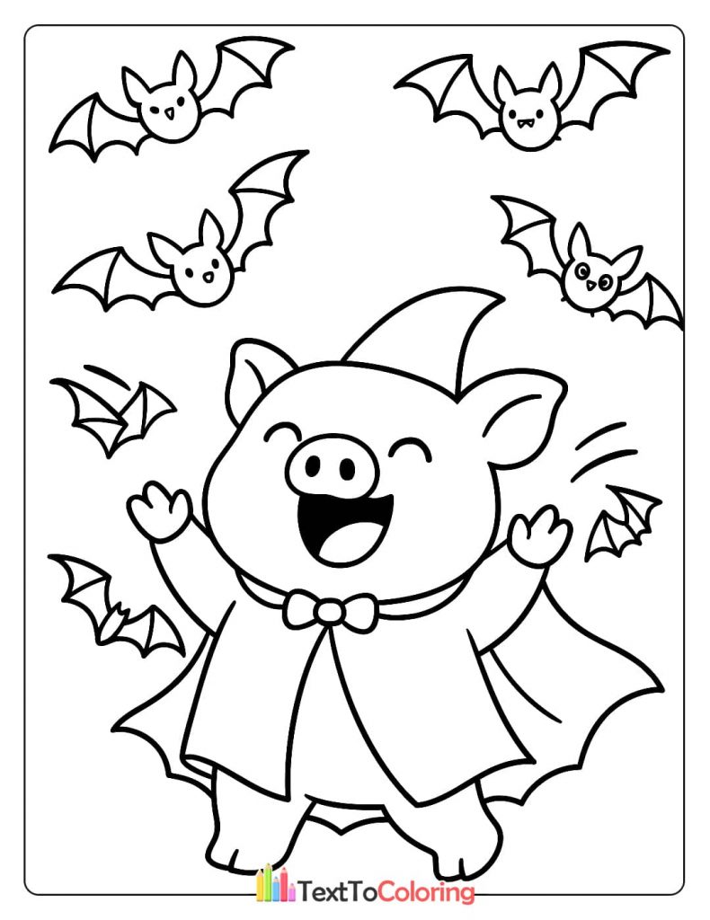 Adorable pig dressed as a vampire with a cape surrounded by flying bats Halloween coloring sheet