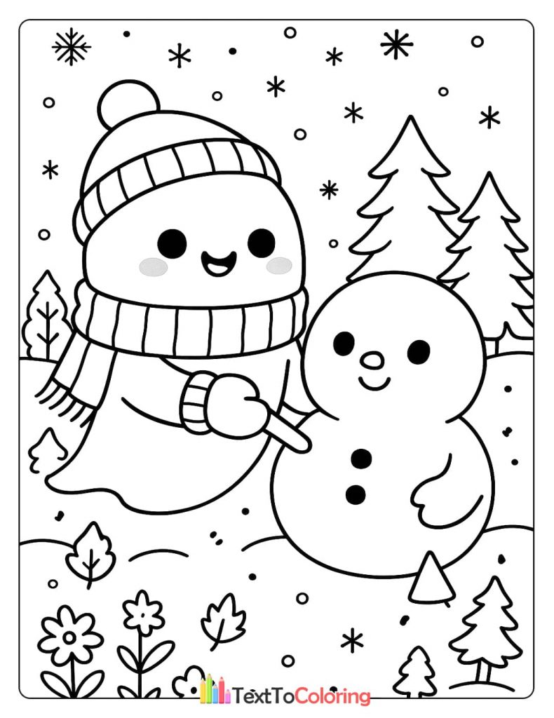 Cute ghost wearing a knit hat and scarf next to a small snowman surrounded by snowflakes and pine trees