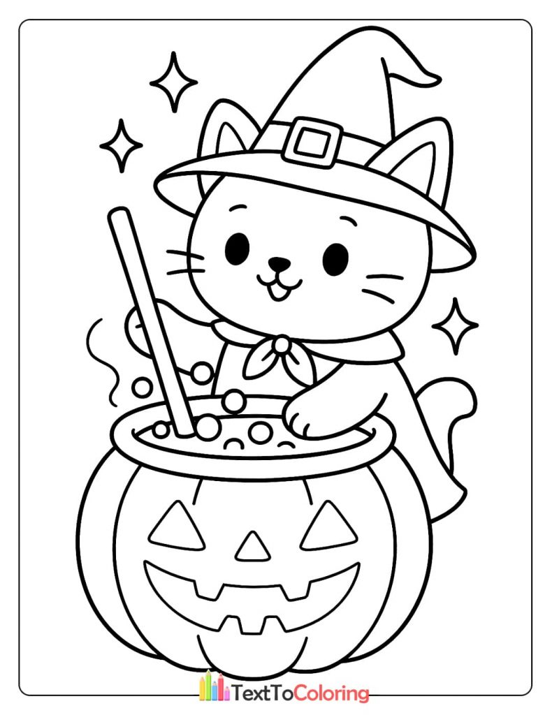 Kawaii cat wearing a witch hat stirring a spooky potion in a jack o lantern cauldron Halloween coloring