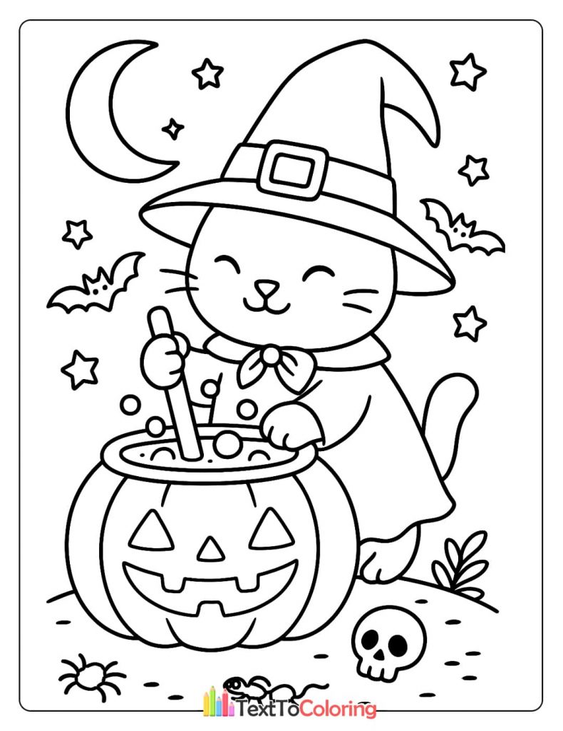 Happy cat witch stirring a potion in a jack o lantern cauldron under the moon and stars Halloween coloring