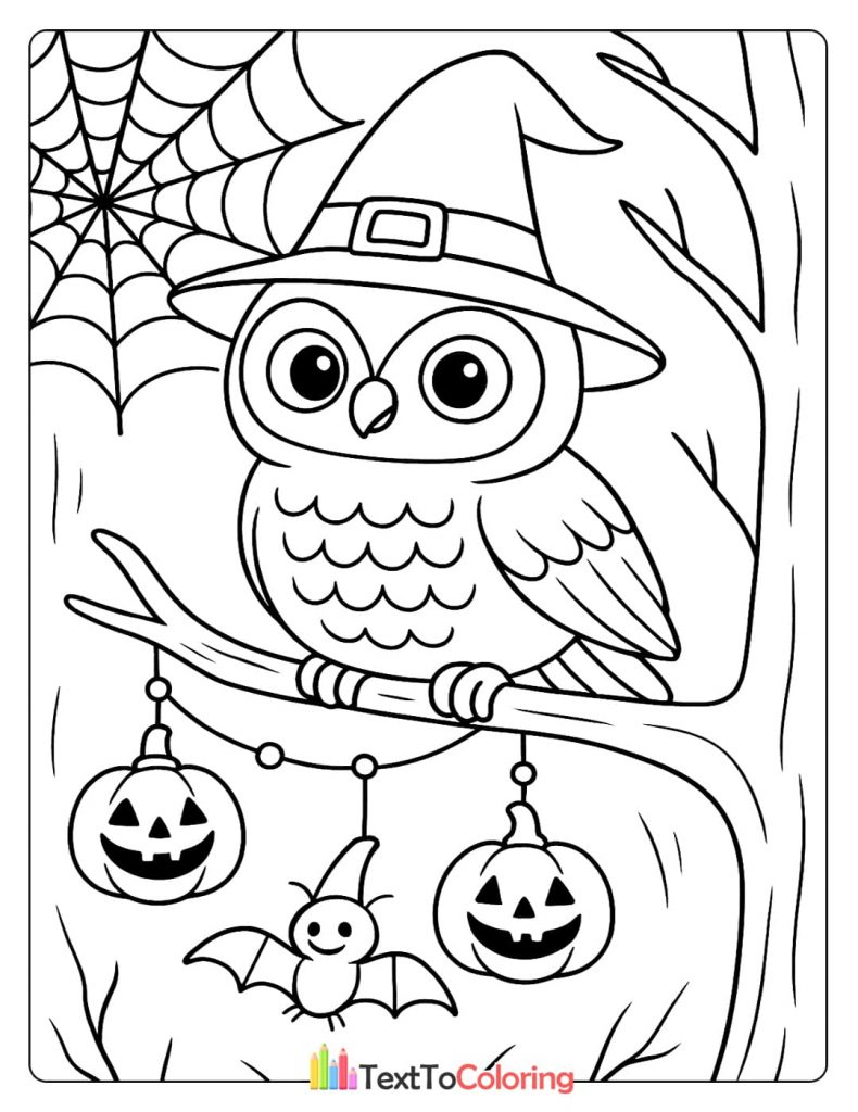 Cute owl witch on a tree branch with hanging jack o lanterns and a friendly bat decoration Halloween coloring